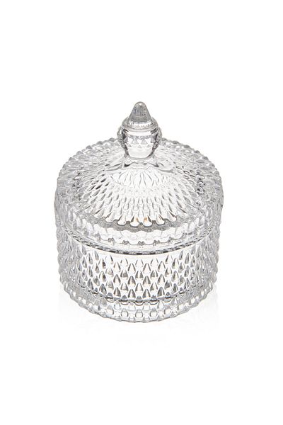 İpek Silk Diamond Patterned Glass Sugar Bowl with Lid - Transparent - 10 cm