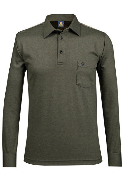 Çizgi Triko Tricotaj pentru bărbați, cu guler cămașă, cu manșete, kaki oversize