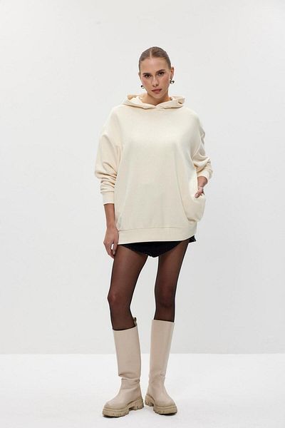 Tuba Butik Basic Hooded Cream Women's Sweatshirt