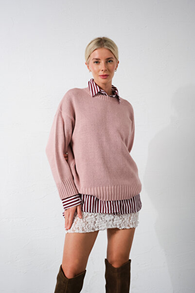 Domoda Pembe Düşük Omuz Bisiklet Yaka Oversize Triko Kadın Kazak