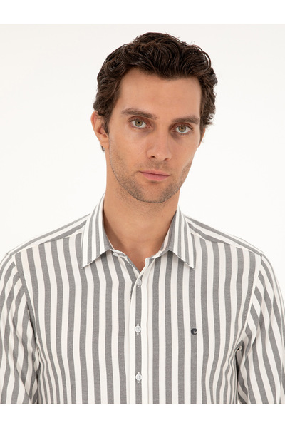 Cacharel Gri Slim Fit Çizgili Pamuk Gömlek 50291351-VR024