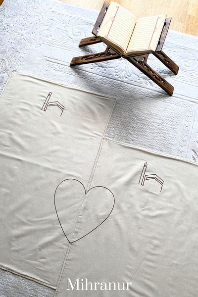 Mihranur Minimal Linen Prayer Rack - Double Prayer Rug, Kaaba Embroidered, Dowry and Bundle Gift