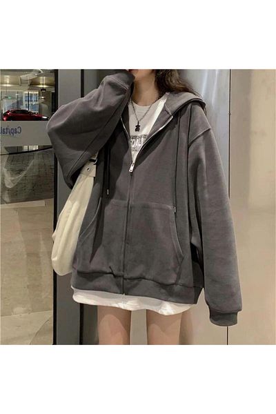 Köstebek Plain Smoked Zippered Thick Fabric (UNİSEX) Hooded Sweatshirt