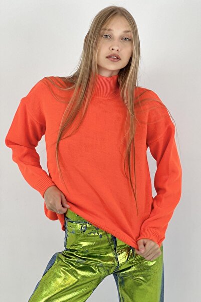 Miss Poem Pulover de tricotat lung, portocaliu, de iarnă, cu jumătate de gât, pentru femei