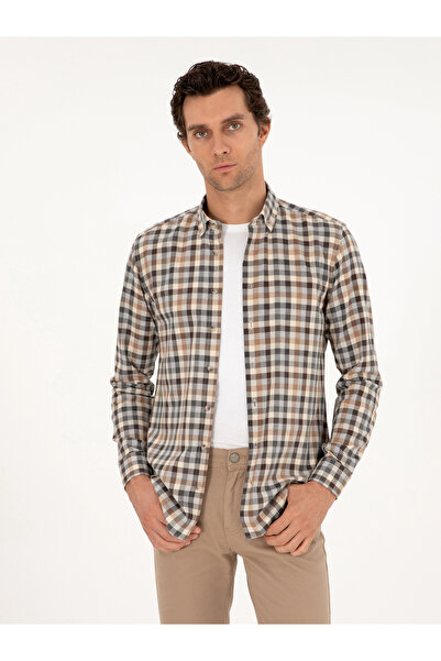 Cacharel Kahverengi Slim Fit %100 Pamuk Kareli Gömlek 50291313-VR029