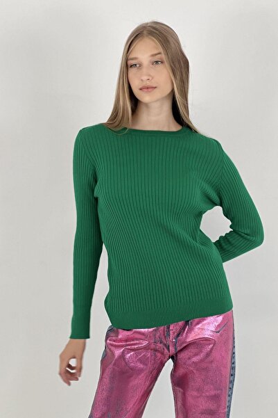 Miss Poem Women's Crew Neck Long Sleeve Winter Green Knitwear Sweater