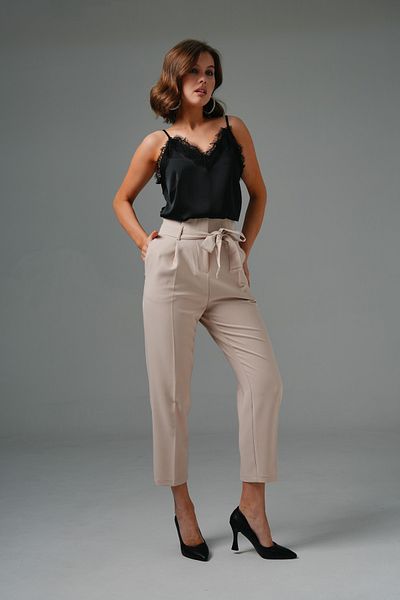 Saade Beige High Waist Relaxed Cut Tied Trousers