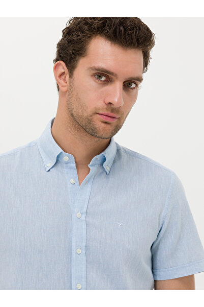 Cacharel Açık Mavi Slim Fit Keten Karışımlı Kısakol Gömlek 50269570-VR003