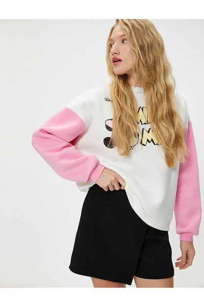Koton Minnie Mouse Licensed Crew Neck Cotton Sweatshirt - Back Printed Color Block
