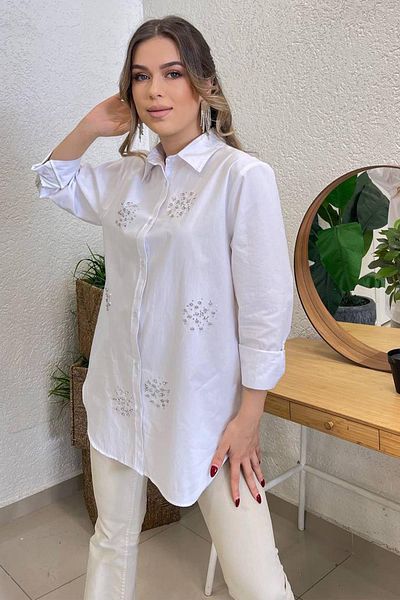 TENA Cămașă albă oversize pentru femei cu pietre în față