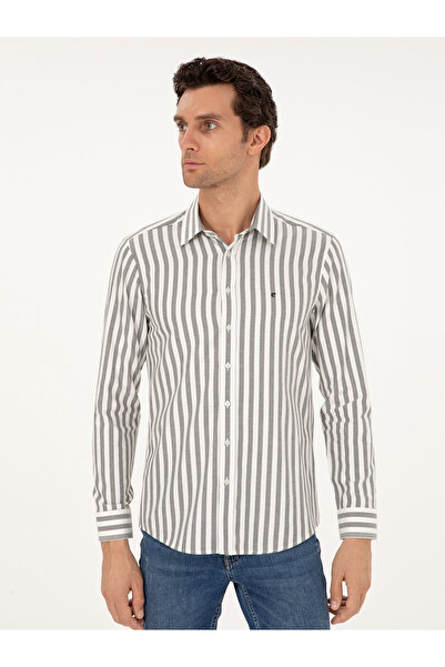 Cacharel Gri Slim Fit Çizgili Pamuk Gömlek 50291351-VR024