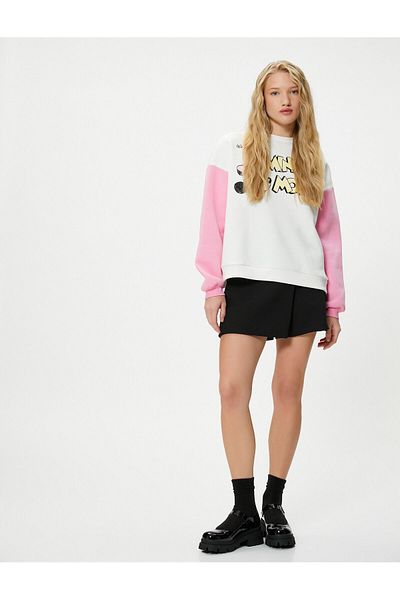 Koton Minnie Mouse Licensed Crew Neck Cotton Sweatshirt - Back Printed Color Block