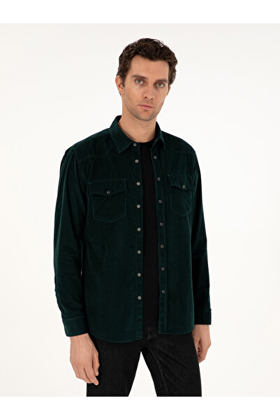 Cacharel Koyu Yeşil Regular Fit Kadife Gömlek 50291369-VR079
