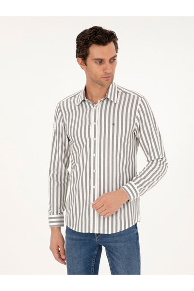 Cacharel Gri Slim Fit Çizgili Pamuk Gömlek 50291351-VR024
