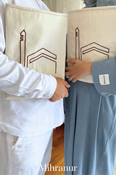 Mihranur Minimal Linen Prayer Rack - Double Prayer Rug, Kaaba Embroidered, Dowry and Bundle Gift