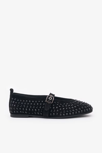 Louis Cardy Bard Black Genuine Leather Women's Ballerinas with Stone Detail