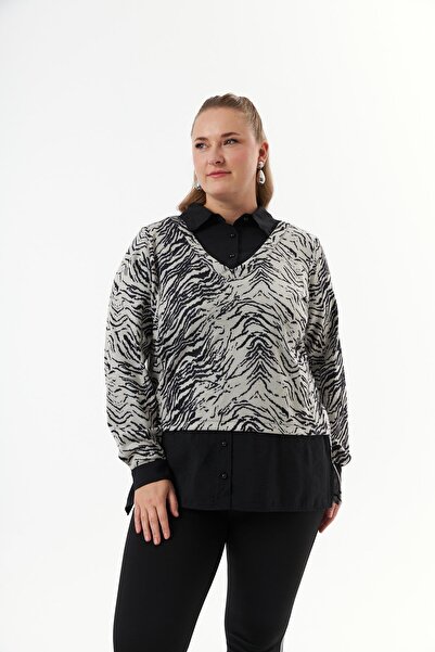 Imagine Giyim Büyük Beden Kadın İkili Görünümlü Bej Bluz – Pamuk Poplin Garni...