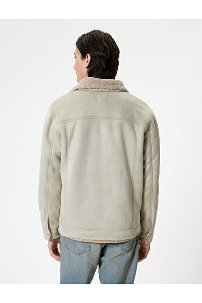Koton Suede Look Jacket Slim Fit Plush Detailed Shirt Collar