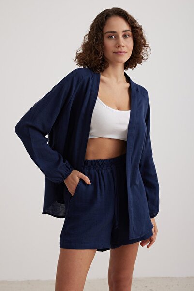 TENA Тъмносини дамски къси панталони от муселин - с ластик на талията