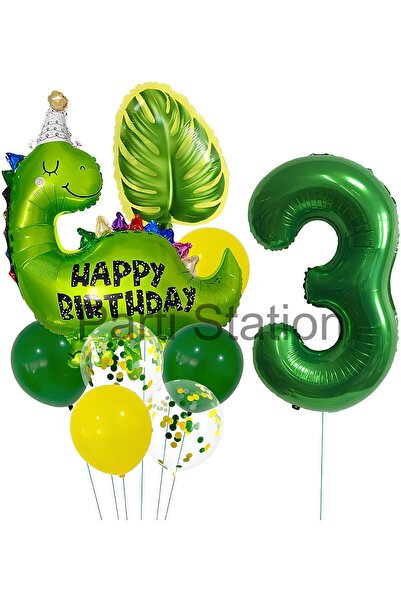 Parti Station 3 Years Old Green Dinosaur Balloon Set - Jurassic Dinosaur Theme, Foil Balloon