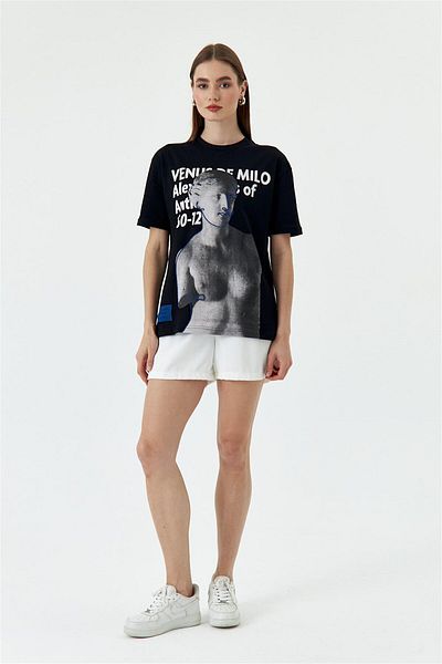 Tuba Butik Printed Short Sleeve Black Women's T-Shirt