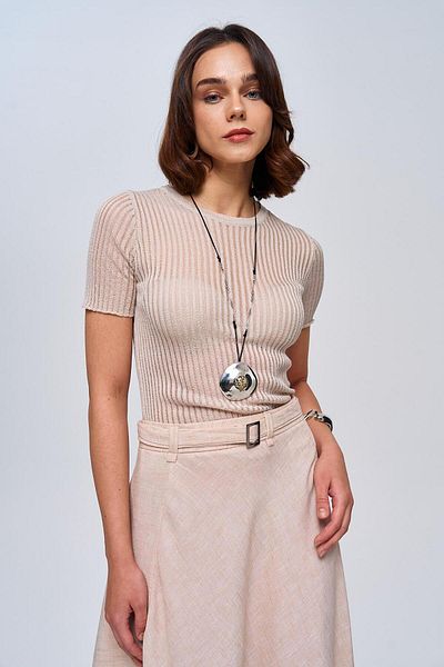 Tuba Butik Stone Colored Crew Neck Transparent Knitwear Blouse