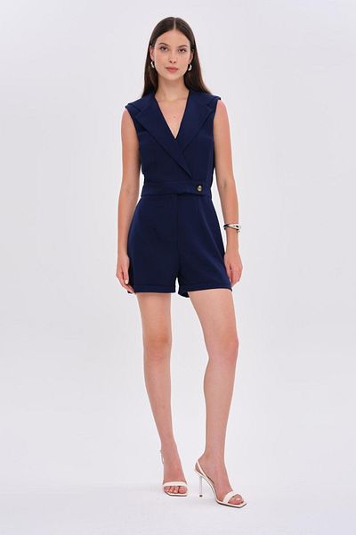 Tuba Butik Double Breasted Collar Short Navy Blue Women's Jumpsuit