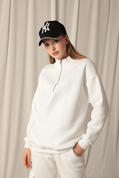 Store Three Thread Stand Collar Half Zipper Women's Ecru Sweat