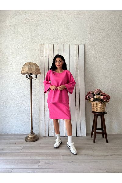KÜÇÜĞÜM BUTİK Set de fuste-bluze cu cusături scurte roz fucsia (SET DE 2)