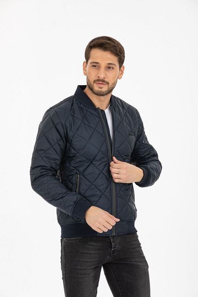 Wise Men's Diamond Patterned Coat with Crest and Zipper Sleeve Detail