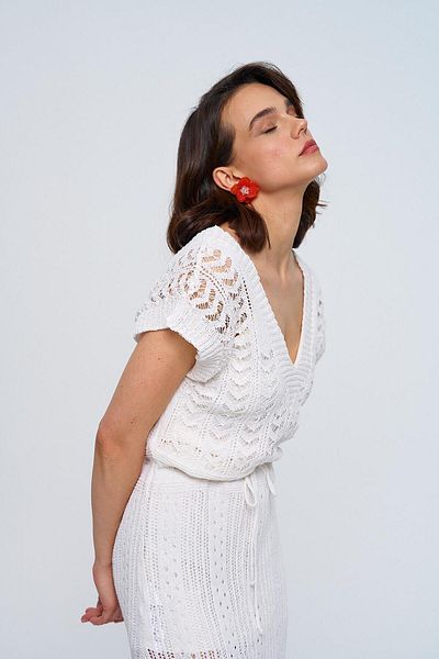 Tuba Butik Ecru Long Knitwear Dress with V-Neck Curve