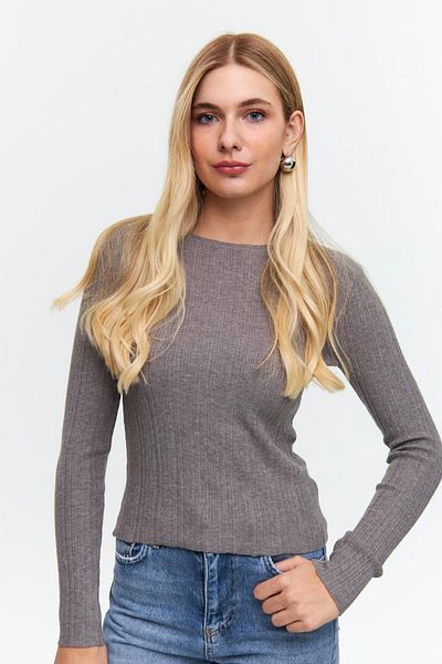Tuba Butik Corded Gray Knitwear Blouse - Crew Neck