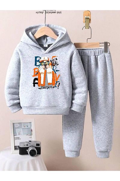 BENROMA Unisex Children's Tracksuit Set - Glasses, Text Print, Oversize Fit