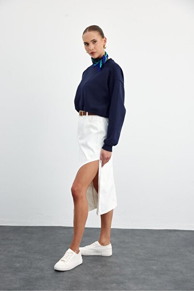 Tuba Butik Asymmetrical Slit Detailed Ecru Midi Denim Skirt