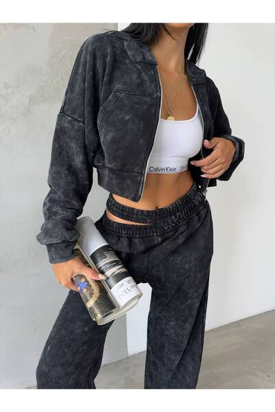 BRGCLOTHING Anthracite Antique Detailed Hooded Zippered Tracksuit Set