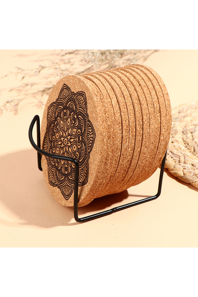 Choice Onesize 12Pcs Mandala Design Round Shape Wooden Coasters With Rack Round Cork Coaster