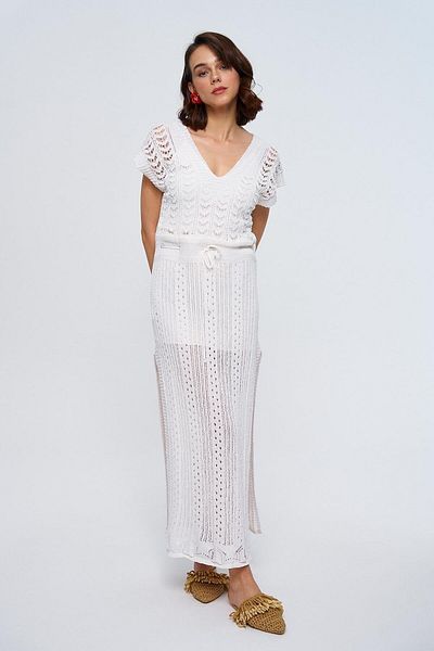 Tuba Butik Ecru Long Knitwear Dress with V-Neck Curve