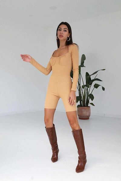 Tuba Butik Square Collar Zippered Mink Women's Jumpsuit