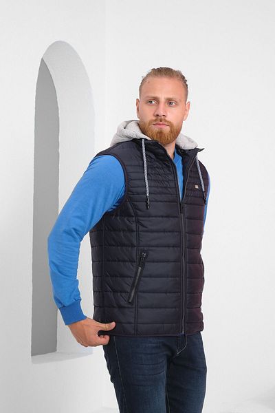 Wise Navy Blue Men's Puffer Vest - Hooded and Combed Cotton Lined