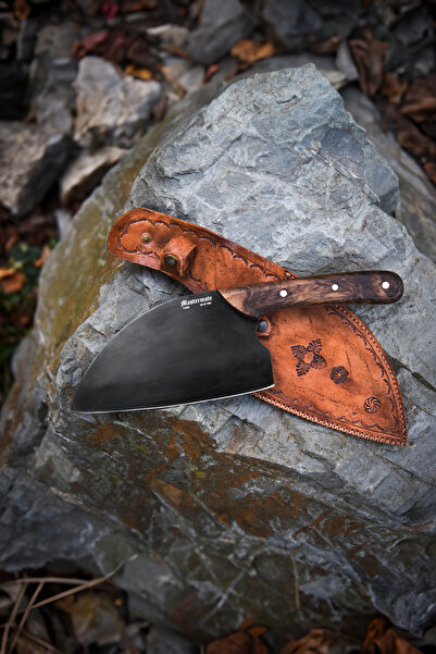 Mastermate Knives Siyah Sırp Stili Satır, El Yapımı, Kök Ceviz Sap, Deri Kılıflı - 4116 Paslanmaz Çelik - İsim Yazılır