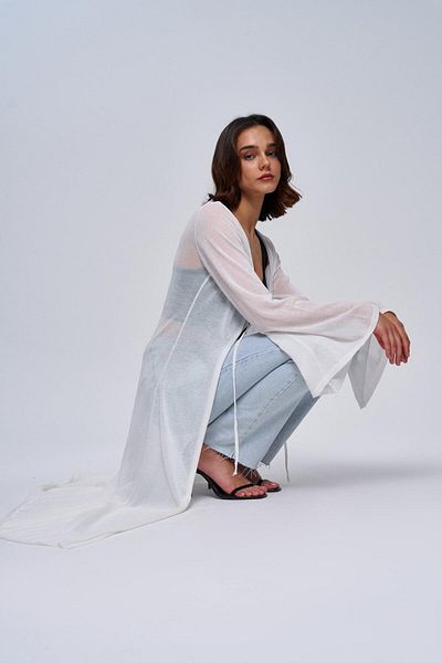 Tuba Butik White Thin Long Knitwear Cardigan - With Tie Detail