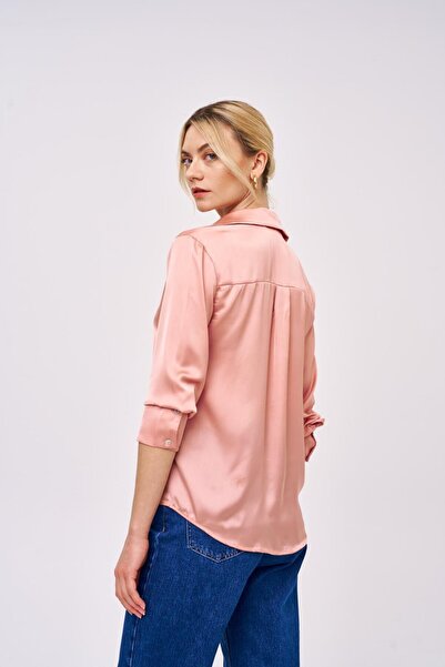 Tuba Butik Basic Draped Satin Powder Pink Women's Shirt