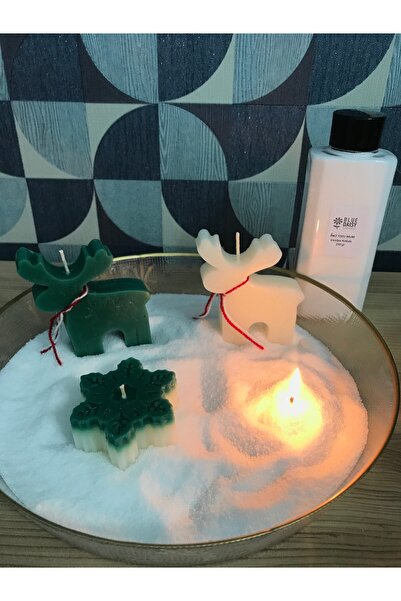 BlueDaisyCandle 4' Lü Yılbaşı Seti , 250 gr Inci Tozu Beyaz Mum, 2 Geyik Mum, Kar Tanesi, , Yılbaşı, Hediye