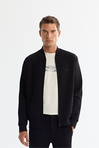 Avva Men's Black Stand Collar Zippered Cotton Printed Regular Fit Sweatshirt A42Y1315