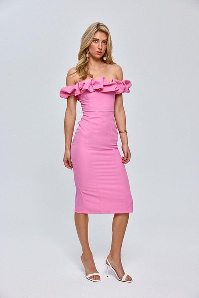 Tuba Butik Madonna Collar Pencil Pink Midi Dress