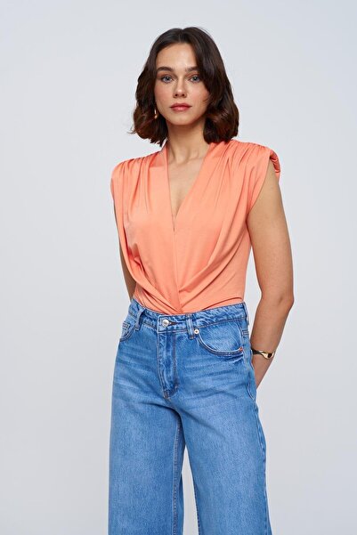 Tuba Butik Double Breasted Collar Padded Orange Bodysuit