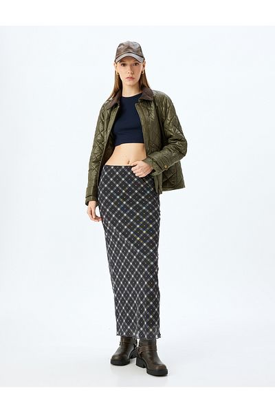 Koton X Inji - High Waist Slim Fit Plaid Lined Midi Pencil Skirt
