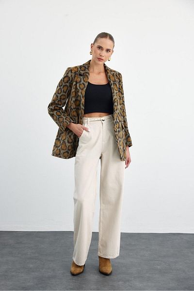 Tuba Butik Beige High Waist Wide Leg Women's Jeans