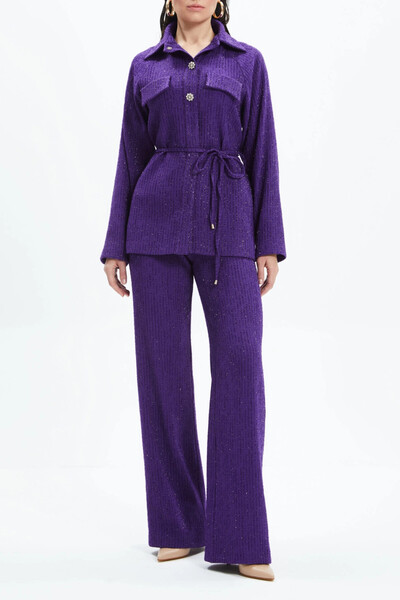 SERPİL Işıltılı Kumaş Kuşaklı Gömlek Yaka Takım Ve Bol Paça Pantolonlu Mor Takım 39168