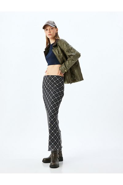Koton X Inji - High Waist Slim Fit Plaid Lined Midi Pencil Skirt